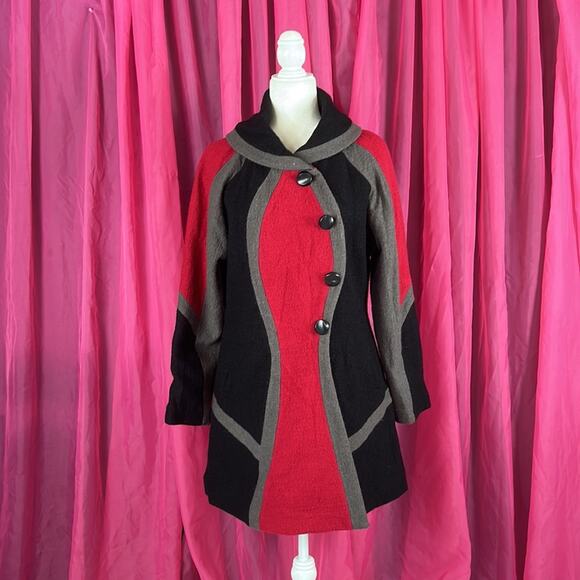 Carson felted wool abstract art red and black snap front coat, med - Picture 1 of 13